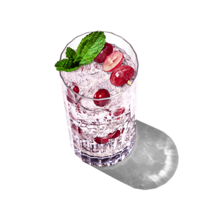 A glass of grape cocktail is served with mint leaves.